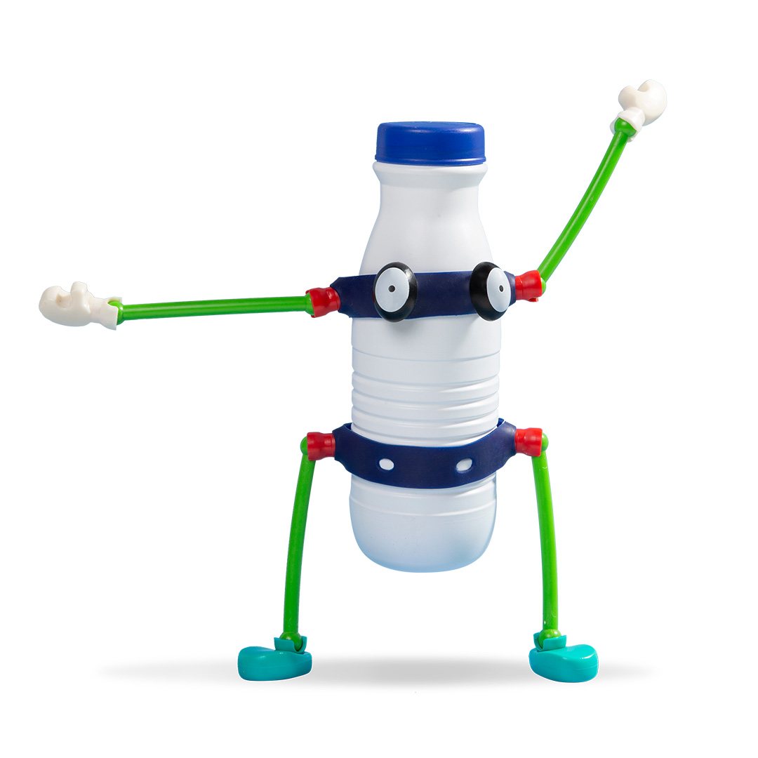 A waving character made from a milk bottle