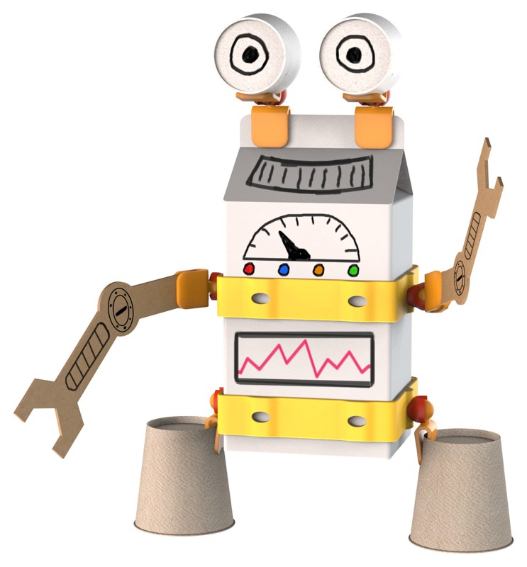 A robot made from a milk carton, paper cups and cardboard arms