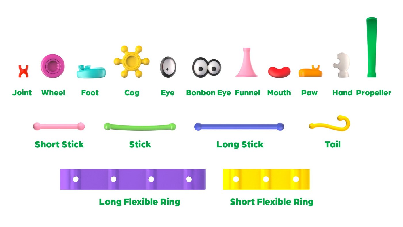 Toyi pieces: wheels, feet, hands, eyes, joints, sticks and flexible connectors